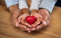 Family holding small red heart in hands on wooden background. Top view of father and daughter hands protect heart. High angle view of indian man and little girl hands holding red heart: adoption foster family, hope, gratitude and insurance concept